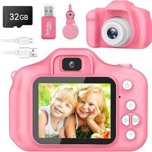 Kids Digital Camera for ages 3+ with 32GB SD Card, Video Recorder 1080P HD(Pink)
